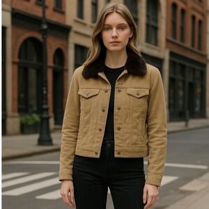 Theory Corduroy Trucker Jacket with Removable Fur Collar in Tan Size M